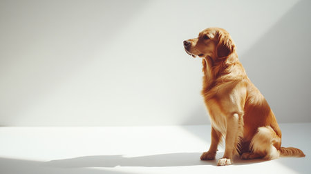 Cute golden retriever dog sitting on white background. Studio shot.の写真素材