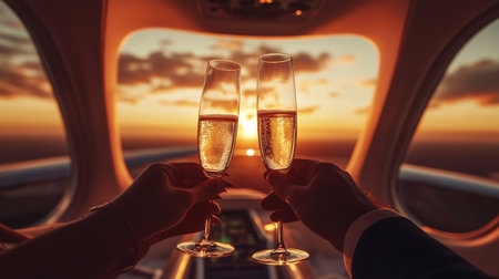 couple clinking glasses of champagne in the air plane during sunsetの写真素材