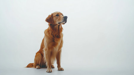 Cute Golden Retriever dog sitting on a white background.の写真素材