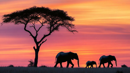 Elephants in the savanna of Kenya at sunset, Africaの写真素材
