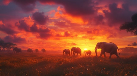 Elephants in the field at sunset.の写真素材
