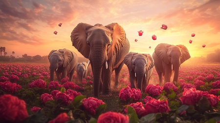 Elephants in the field of red roses with a beautiful sunsetの写真素材