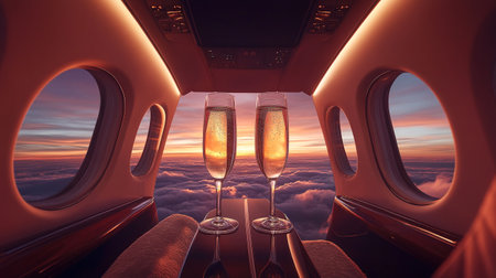 Two glasses of champagne on the background of the airplane window. 3D renderingの写真素材