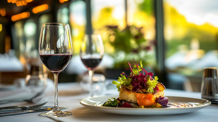 Salmon steak with salad and red wine on a table in a restaurantの写真素材