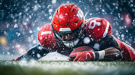 American football players in action on the field during a snowfall.の写真素材