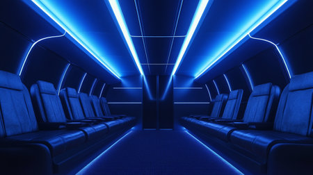interior of a modern spaceship with blue lights, 3d renderingの写真素材