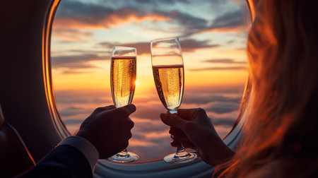 Couple holding glasses of champagne while flying in airplane at sunset.の写真素材