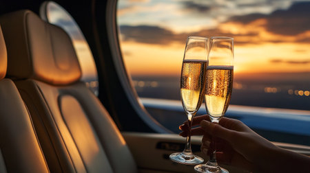 Hands holding champagne flutes on the plane at sunset background.の写真素材