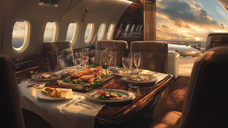 Restaurant on the board of an airplane with a beautiful sunsetの写真素材