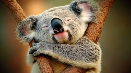 Cute koala bear sleeping on eucalyptus treeの写真素材