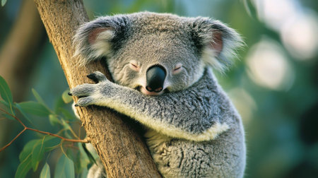 Cute koala bear sleeping on eucalyptus treeの写真素材
