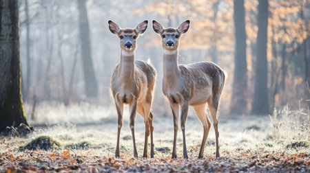 Two young white-tailed deer standing in the frosty morning.の写真素材
