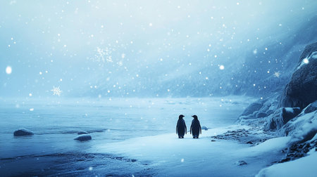 Couple in love walking on a frozen lake covered with snow.の写真素材