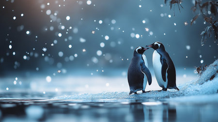 Penguins in the snow in the winter. 3d renderingの写真素材