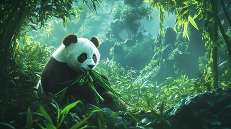 Giant panda eating bamboo in the jungle. Nature background.の写真素材