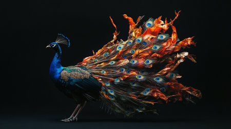 Peacock with colorful feathers on a black background, studio shotの写真素材