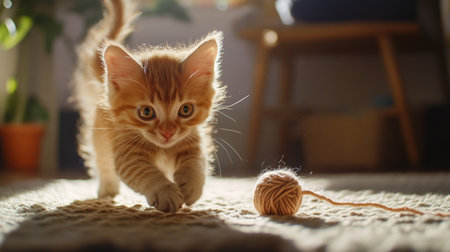 Cute ginger kitten playing with ball of yarn on carpet at homeの写真素材