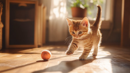 Cute ginger kitten playing with ball of yarn on floor at homeの写真素材