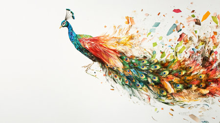 Colorful peacock with feathers and colorful confetti on white backgroundの写真素材