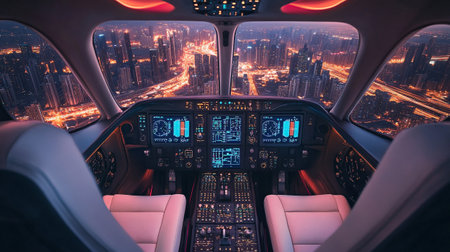 Cockpit of a commercial airliner with a view of the cityの写真素材