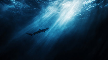 Underwater view of a shark swimming in deep blue ocean with rays of lightの写真素材