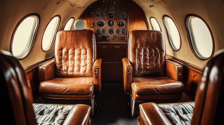 Interior of an airplane with leather seats in the cabin, retro styleの写真素材