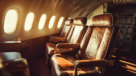Interior of airplane with leather seats and portholes, vintage filterの写真素材