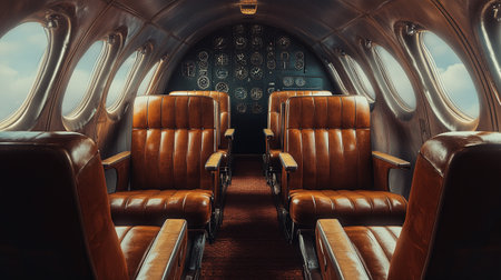 Interior of an airplane with leather seats and portholes.の写真素材