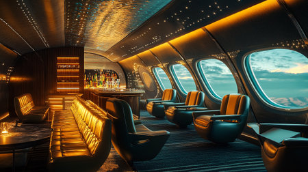 Interior of a modern airplane with seats and lights. 3D renderingの写真素材