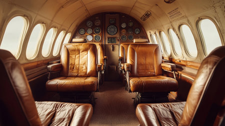 Interior of an airplane with seats and portholes. Vintage tonedの写真素材