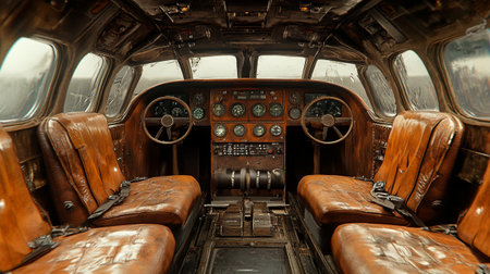 Interior view of an old airplane cockpit with a lot of leather seatsの写真素材