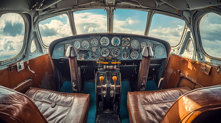 Cockpit of an old airplane in flight, vintage style.の写真素材
