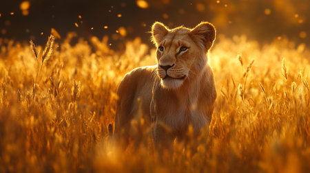 Lion in the golden grass at sunset. Wildlife scene from Africa.の写真素材