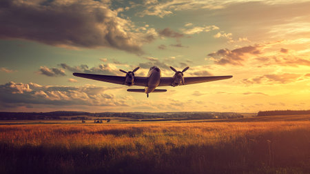Vintage airplane flying over the field at sunset. 3d renderingの写真素材