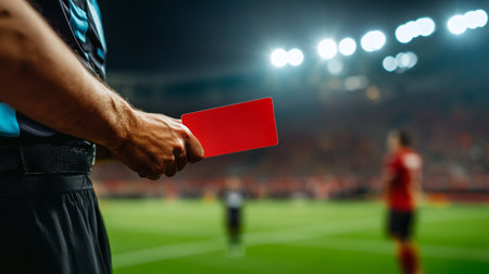 Midsection of football player holding red card against blurry football pitch during matchの素材
