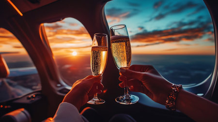 Couple toasting champagne flutes while driving a helicopter at sunsetの写真素材
