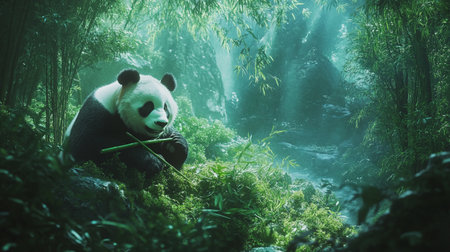 A giant panda in the bamboo forest of Chengdu, Chinaの写真素材