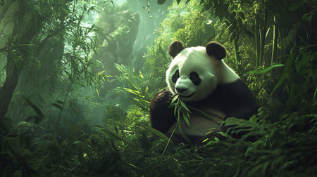 Giant panda eating bamboo in the jungle. 3D renderingの写真素材