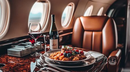 Tasty risotto with berries served on table in private plane.の写真素材