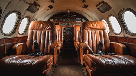 Interior of an airplane with leather seats and portholes.の素材