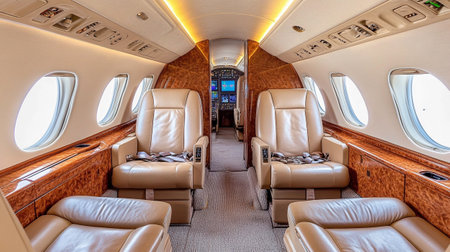 Interior of a private jet with leather seats and portholesの写真素材