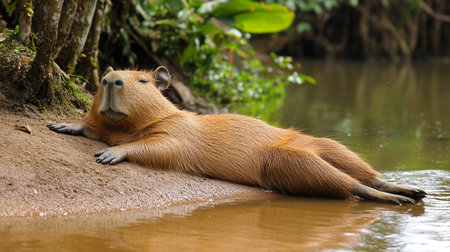 Capybara (Hydrochoerus hydrochaeris) resting in the waterの写真素材