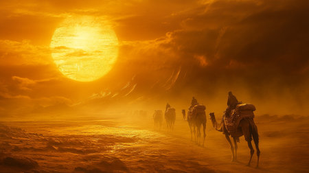 Caravan of camels in Sahara desert at sunset, Morocco.の写真素材