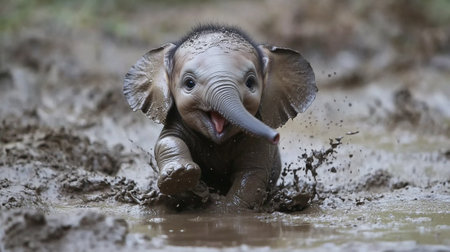 baby elephant playing in mud in Chobe National Park, Botswanaの写真素材