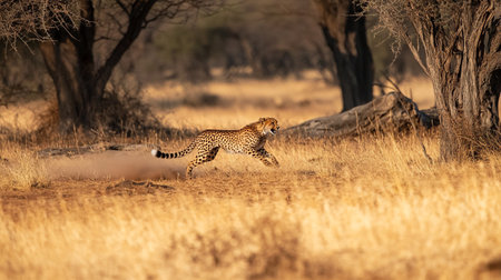 Cheetah running in dry grass in Kruger National Park, South Africa ; Specie Panthera pardus family of Felidaeの写真素材