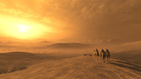caravan of camels in the desert at sunset. 3d renderの写真素材