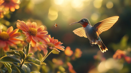 Hummingbird and flower in the garden at sunset. Wildlife scene from tropic jungle.の写真素材