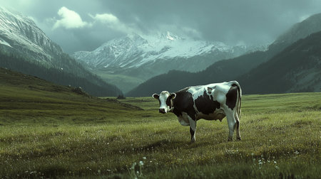 Cow grazing on the alpine meadow with snow mountains in the backgroundの写真素材