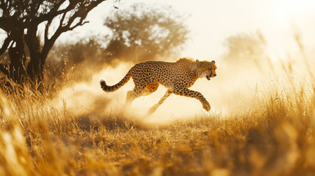 Cheetah running in the morning sun, Masai Mara National Park, Kenyaの写真素材