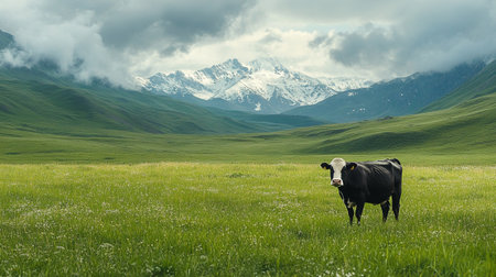 Cow grazing in the meadow with mountains in the background, Kyrgyzstanの写真素材